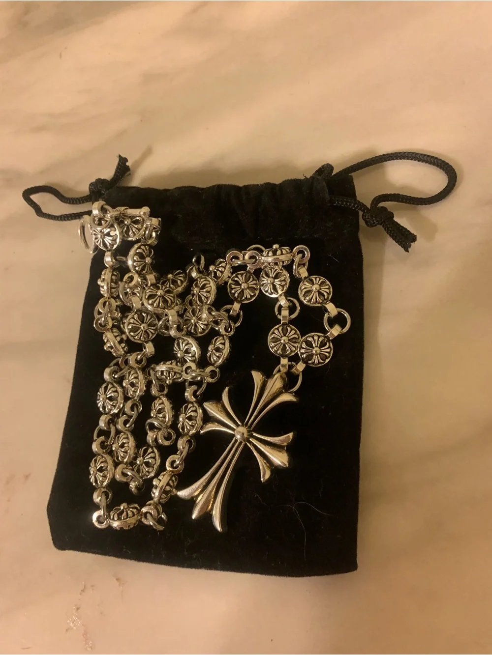 Chrome Hearts Silver Floral Link Cross Necklace